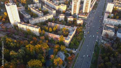 Aerial View of the Peremogy Avenue near KPI ukivercity, Kyiv, taken with drone photo