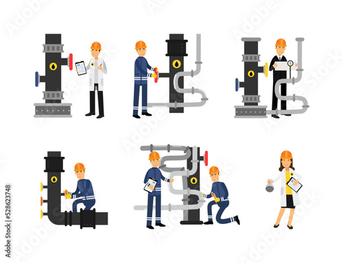 Oil Industry Worker Engaged in Pipeline Maintenance and Technical Inspection Vector Set