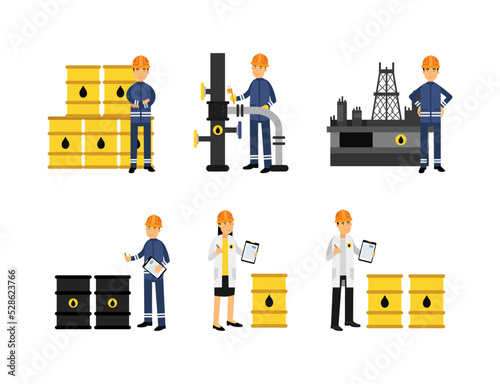 Oil Industry Worker Engaged in Pipeline Maintenance and Technical Inspection Vector Set