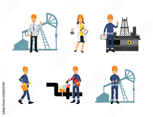 Oil Industry Worker Engaged in Pipeline Maintenance and Technical Inspection Vector Set