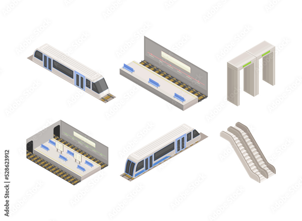 Metro or Subway as Rapid Transit Urban System with Electric Vehicle, Platform and Moving Staircase Isometric Vector Set Metro or Subway as Rapid Transit Urban System with Electric Vehicle, Platform and Moving Staircase Isometric Vector Set