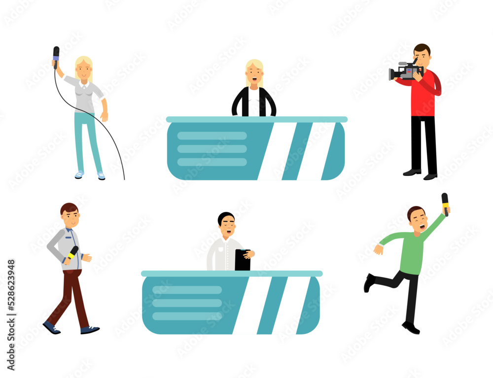 News Program Crew of Professional Cameraman and Journalist Creating TV Broadcast of Live Television Vector Set News Program Crew of Professional Cameraman and Journalist Creating TV Broadcast of Live Television Vector Set