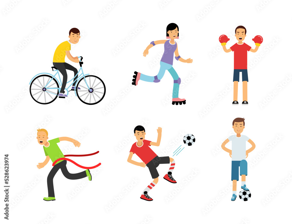 People Characters Doing Different Sport Activity Cycling, Roller Skating, Boxing, Running and Football Playing Vector Set