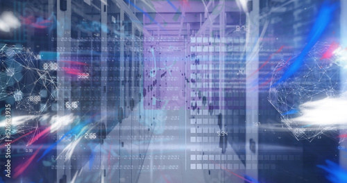 Image of digital waves, network of connections and data processing against computer server room © vectorfusionart