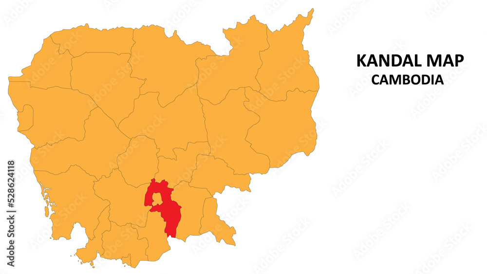 Fototapeta premium Kandal State and regions map highlighted on Cambodia map.
