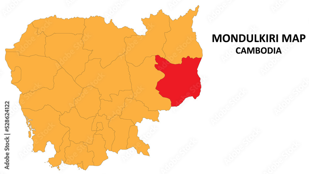 Fototapeta Mondulkiri State and regions map highlighted on Cambodia map.