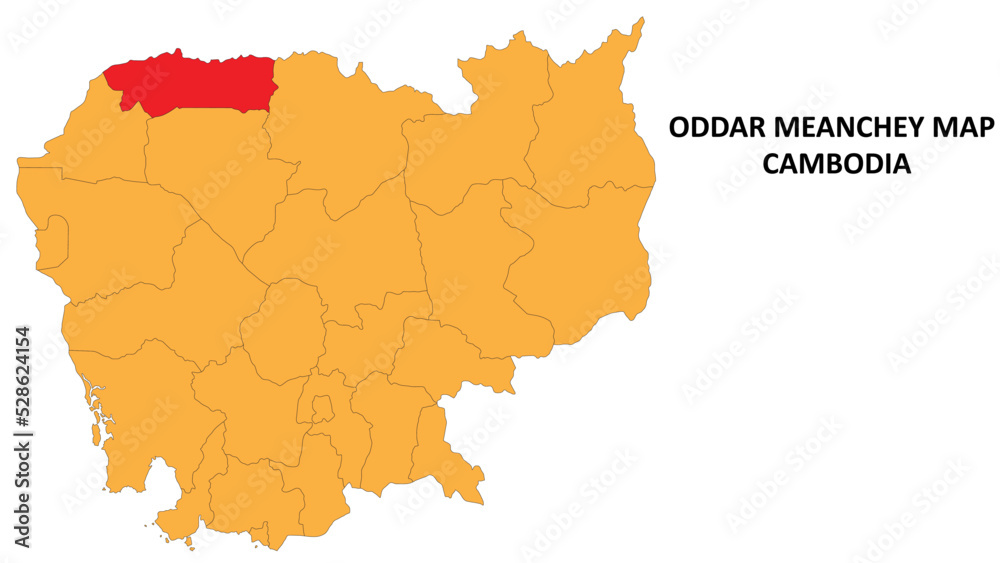 Obraz premium Oddar Meanchey State and regions map highlighted on Cambodia map.
