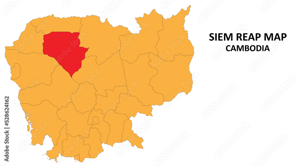Obraz premium Siem Reap State and regions map highlighted on Cambodia map.