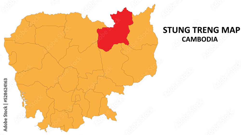 Stung Treng State and regions map highlighted on Cambodia map.