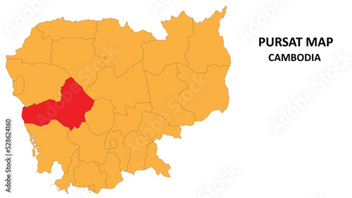 Fényképezés Pursat State and regions map highlighted on Cambodia map.