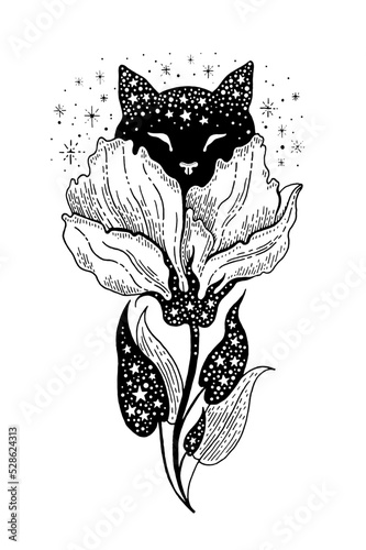 Magic cat tattoo art. Mystic moon animal with psychedelic celestial flower. Tribal cat head for girl print. Esoteric vintage silhouette. Astrology tattoo vector. Fantasy black kitten, magnolia flower