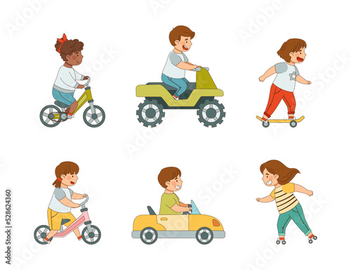 Little Kids Driving Electric Car, Skateboard and Riding Bicycle Enjoying Outdoor Activity Vector Set