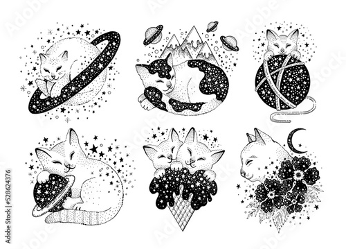 Space cats. Mystic anime art. Gothic witch esoteric tattoo. Black galaxy cat. Halloween and astrology animals. Cute astronaut star drawing. Witchcraft vintage vector. Magic boho with Saturn, mountains