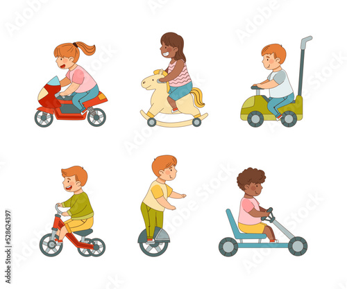 Little Kids Driving Electric Car, Unicycle, Bicycle and Motor Bike Enjoying Outdoor Activity Vector Set