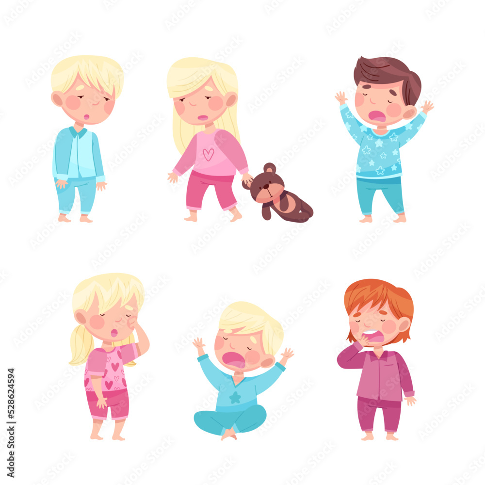 Sleepy Little Boy and Girl Wearing Pajamas Stretching and Yawning Vector Illustration Set Sleepy Little Boy and Girl Wearing Pajamas Stretching and Yawning Vector Illustration Set