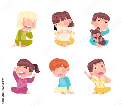 Sleepy Little Boy and Girl Wearing Pajamas Stretching and Yawning Vector Illustration Set photo