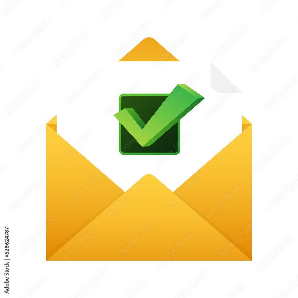 Opened envelope and document with green check mark. Verification email. Vector illustration. Opened envelope and document with green check mark. Verification email. Vector illustration.