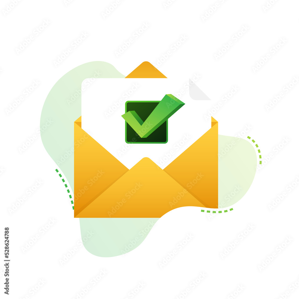 Opened envelope and document with green check mark. Verification email. Vector illustration. Opened envelope and document with green check mark. Verification email. Vector illustration.