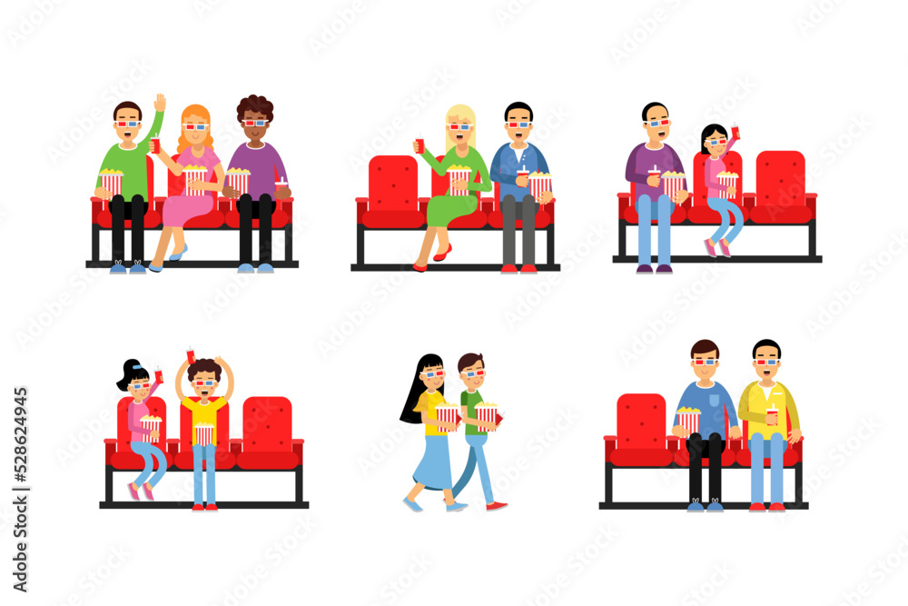 People Characters in the Cinema Sitting on Red Chair and Watching Movie with Popcorn Vector Set People Characters in the Cinema Sitting on Red Chair and Watching Movie with Popcorn Vector Set
