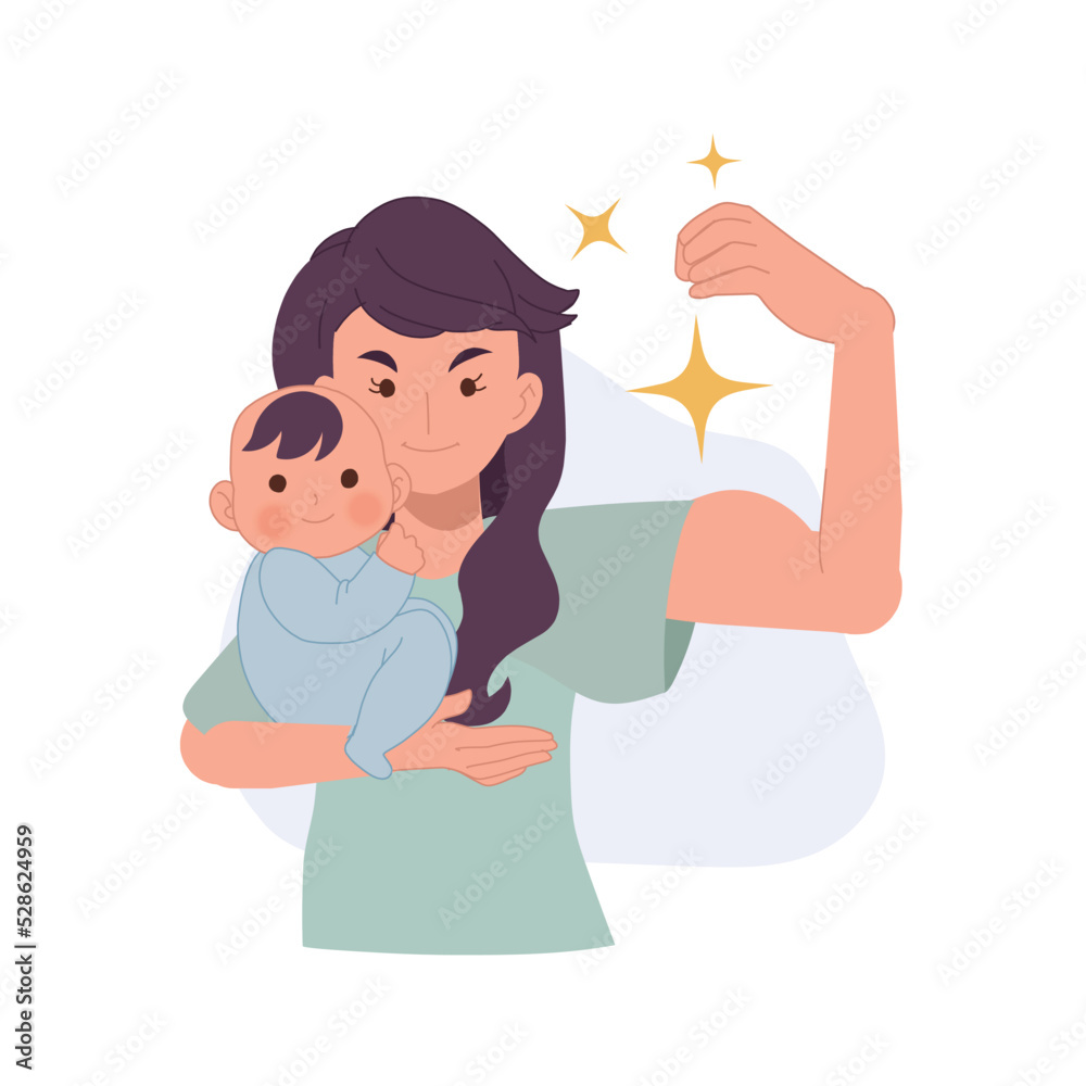 Super Mom - Mother Flexing Muscles. mother holding baby. vector illustration Super Mom - Mother Flexing Muscles. mother holding baby. vector illustration