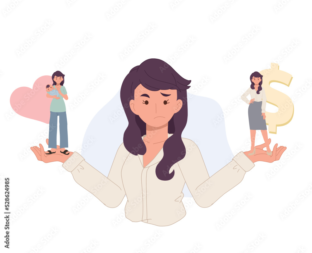 Woman choosing between family or parent responsibilities and career or professional success. Difficult choice. Flat cartoon vector illustration.