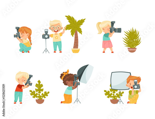 Pretty Children with Digital Camera and Soft Box Lighting Taking Photograph Vector Set