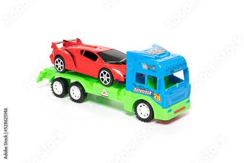 Car transporter truck toy isolated on white background
