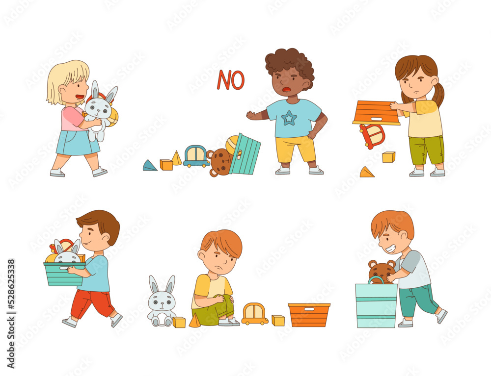 Happy and Grumpy Kids Playing Different Toys in the Nursery or Playroom Vector Set Happy and Grumpy Kids Playing Different Toys in the Nursery or Playroom Vector Set