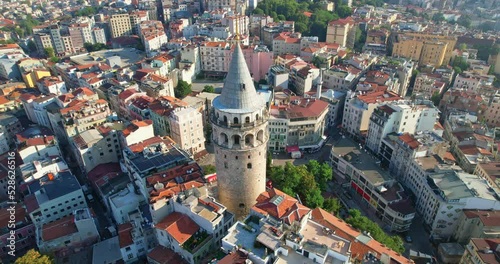 The Famous Galata Tower In Istanbul, Turkey. Aerial view of the sights of Istanbul. The European part of Istanbul. The view from the drone. photo