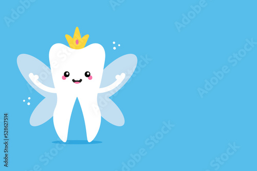 Cute cartoon style tooth fairy, tooth queen character card template with copy space for text, information, notification. National Tooth Fairy Day design.
