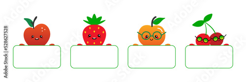 Set, collection of cute cartoon style apple, strawberry, peach, cherry characters holding in hands blank cards, banners, boards.
