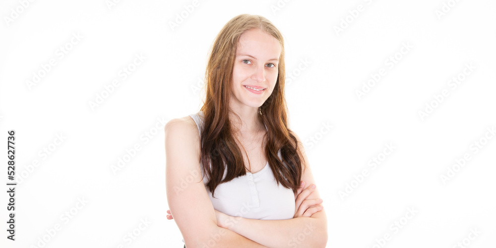 portrait of confident caucasian girl student looking at camera with pleased smile folded arms crossed on chest standing over white background portrait of confident caucasian girl student looking at camera with pleased smile folded arms crossed on chest standing over white background