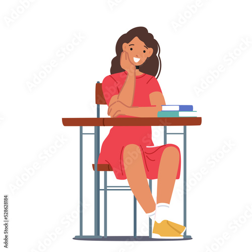 Back to School, Primary Education Concept. Little Kid Student in School Classroom, Schoolgirl Character Sitting at Desk