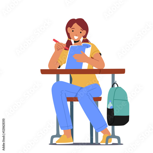 Schoolgirl Character Sitting at Desk Writing in Notebook during Lesson. Little Kid Student in Classroom, Back to School