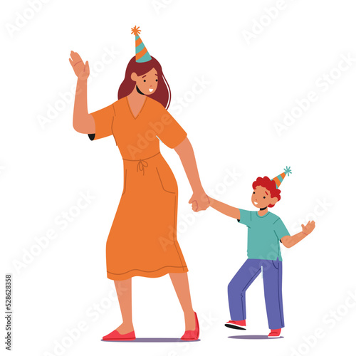 Woman and Boy Wear Festive Hats Celebrate Birthday Isolated on White Background. Mother with Son or Teacher with Baby