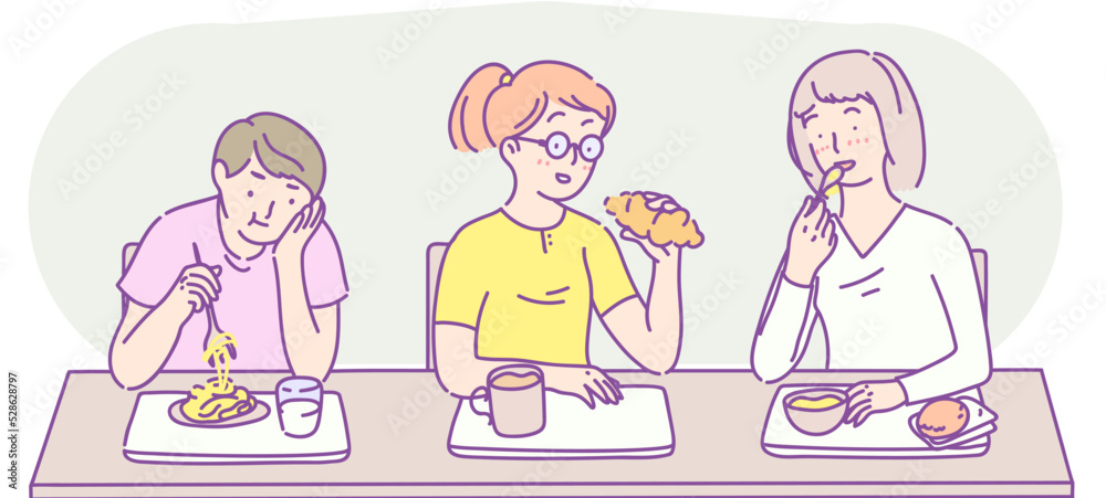 Students lunch time. Group of young people eating fast food, noodles, croissant, drink milk and coffee.