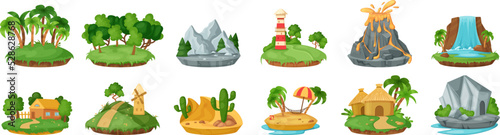 Small islands with different natural summer landscapes set. Island with cottage, palm trees, umbrella, sands and cactus, lighthouse. Game interface, summer vacation, holidays design cartoon vector
