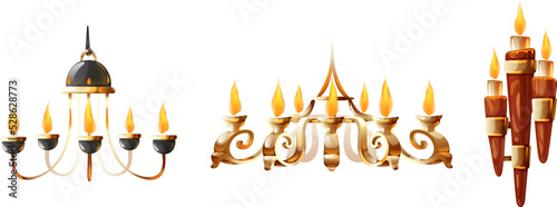 Ancient candlesticks with burning wax candles set. Elegant vintage bronze, copper and gold candelabras or candle holders with flame of candlelight, household and church items cartoon vector