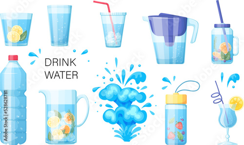Different plastic and glass water packaging set. Bottle, jug, filter, glass and cup with fresh clean water and lemonade with fruit and berries. Design templates of packaging mockup cartoon vector