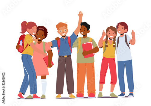 Back to School Concept with Pupils Boys and Girls with Backpacks and Textbooks Stand in Row. Happy Children Students