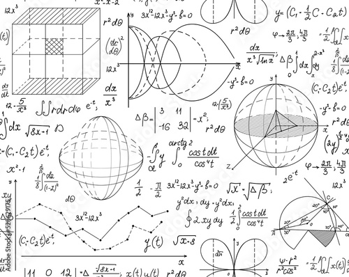 Mathematical vector seamless pattern with handwritten scientific formulas, figures, plots on white paper