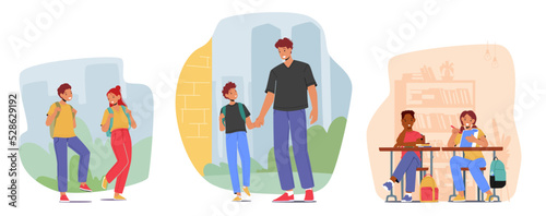 Education, Back to School Concept. Kids Walking with Rucksacks, Son with Father, Classmates Sitting at Desk