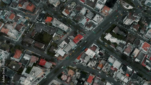 Top Down View Of Streets And Buildings In The City Of Quito In Ecuador - drone shot