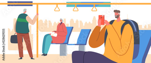 Passengers in Bus, Old and Young People inside of Urban Public Transport. Tourists and Citizen Inside of Transport