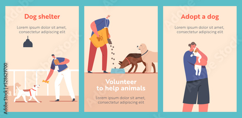 Volunteer Work in Animals Shelter Cartoon Banners, People Help Homeless Pets in Pound, Rehabilitation or Adoption Center