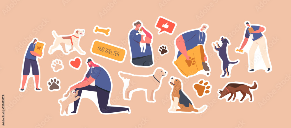Set of Stickers Volunteers in Animals Shelter, Pound, Rehabilitation Center for Stray Pets. People Help Homeless Pets