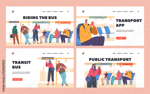 Passengers Riding the Bus Landing Page Template Set. Tourists and Citizens Characters Inside of Public Transport
