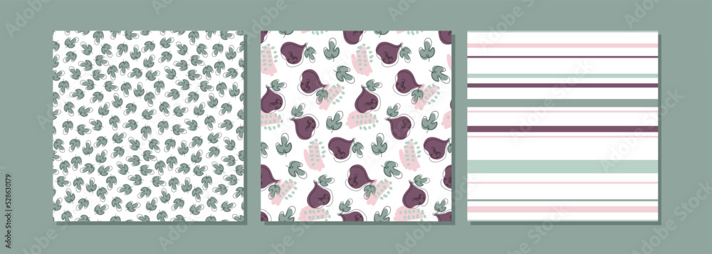 Three seamless fig pattern collection. Seamless pattern with fig fruit and abstract shapes, leaves, strips on white background. Backgrounds for textile, wrapping paper, wallpaper, cover design