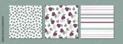 Three seamless fig pattern collection. Seamless pattern with fig fruit and abstract shapes, leaves, strips on white background. Backgrounds for textile, wrapping paper, wallpaper, cover design