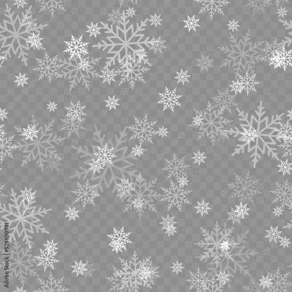 Seamless Xmas or New Year card with falling snowflakes on transparent background. Vector
